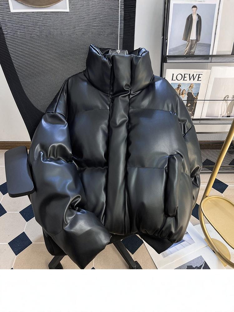 Men's Winter PU Leather Cotton Padded Jacket - Warm, Loose, Versatile Outerwear in Solid Color