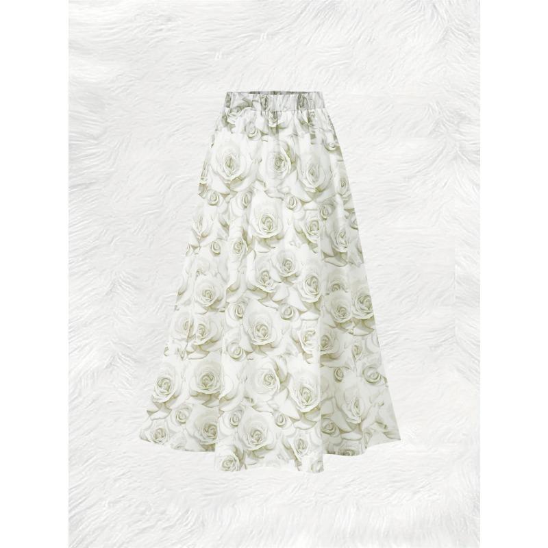 Printed Design Four Seasons Leisure Style White Rose Pattern Printed Skirt Half Skirt