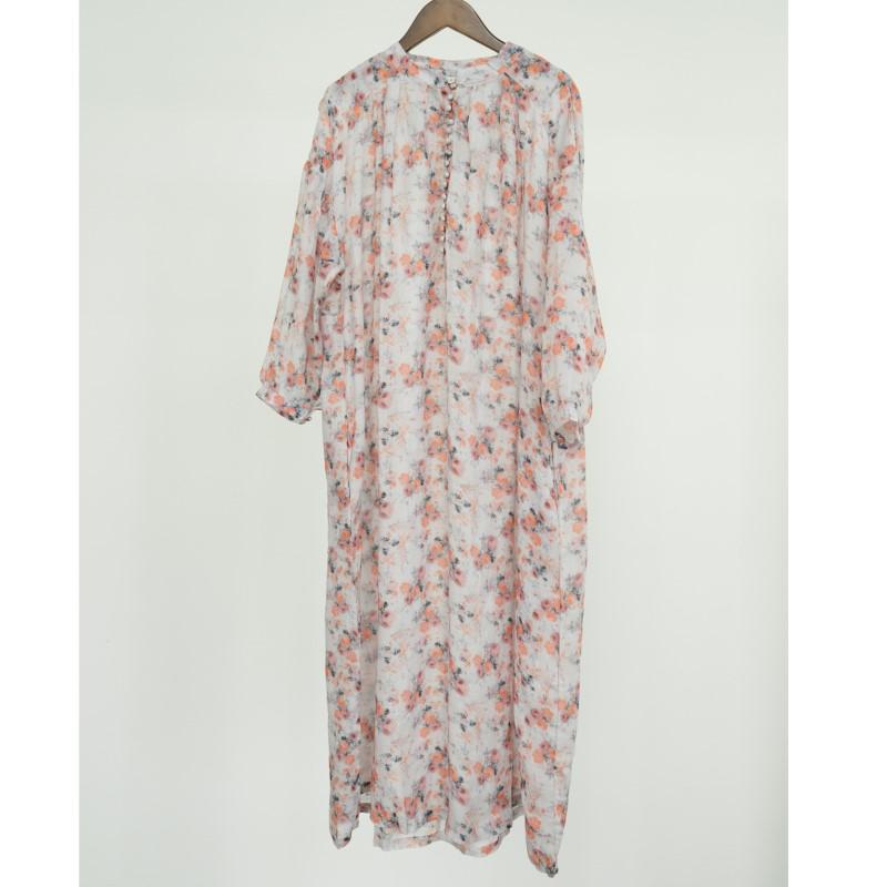 Johnature Women Vintage Ramie Print Floral Dress Seven Sleeve Autumn Robes Loose Button V-Neck A-Line Dresses