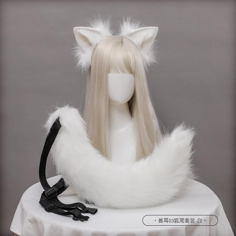 Handmade Fox Ear Headband Tail Set Cosplay Costume Accessory - Soft Plush Animal Ears Kit