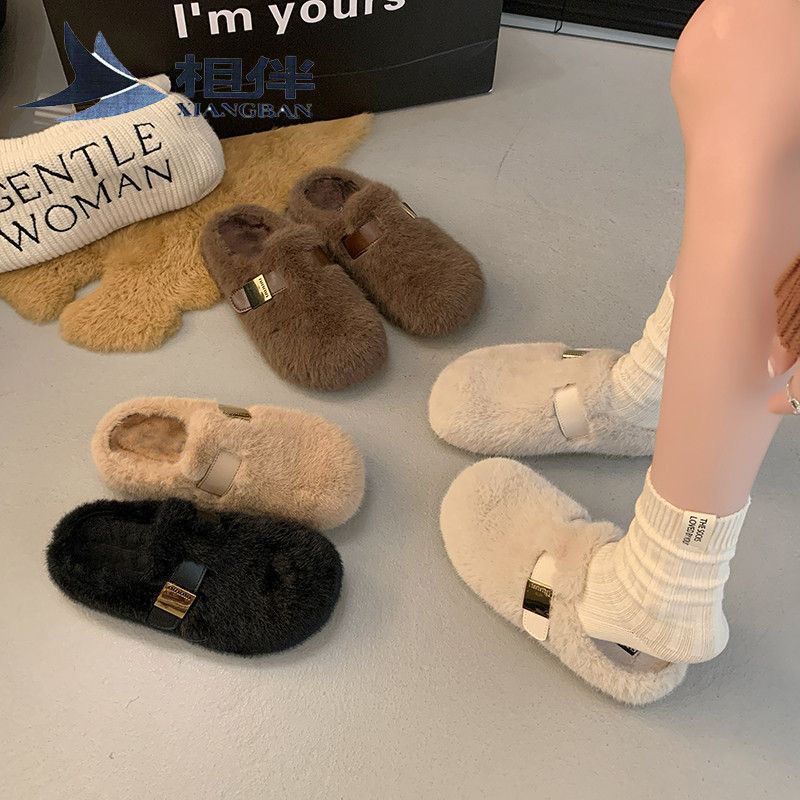 Niche leather button fluffy shoes slippers women's shoes wear new autumn and winter retro velvet cotton shoes bag head half slippers