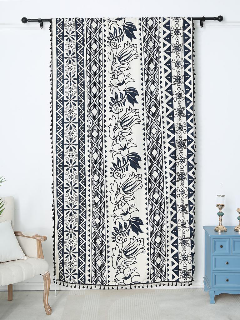 Korean Living Room Balcony Bohemian Cotton And Linen Blackout Black Printing Floor Partition Curtains