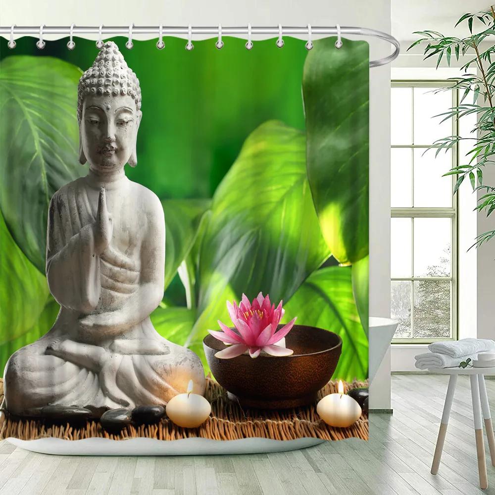 Green Bamboo Zen Stone Shower Curtains Lotus Flowing Water Zen Landscape Shower Curtain Home Bathroom Decoration Set with Hooks