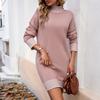 Women Spring Autumn Stand Collar Long Sleeve Color Matching Loose Knitted Sweater Dress