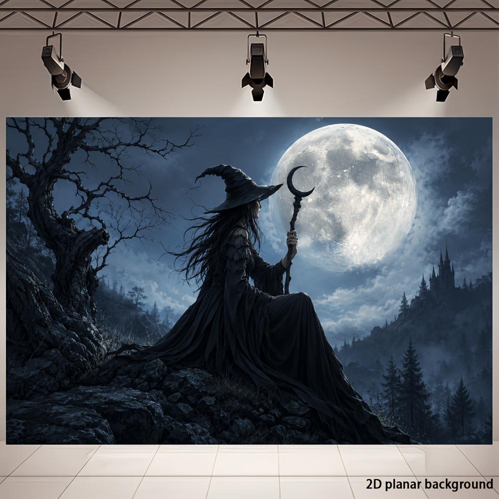2D planar flag - Halloween-themed party banner background moonlit witch theme with full moonzyc
