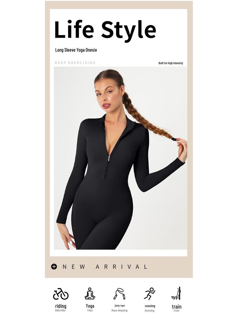 Nude Langarm Yoga-Jumpsuit mit Reißverschluss - High-Intensity Fitnessbekleidung