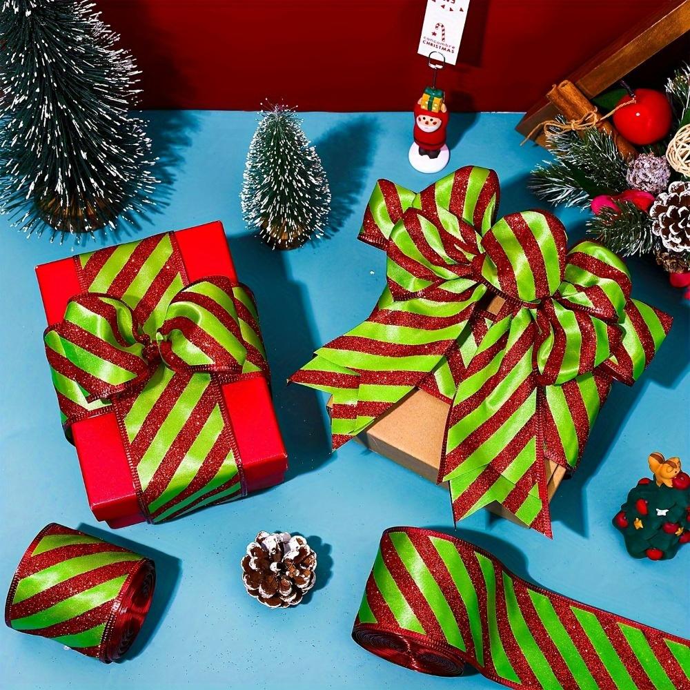 1pc Christmas Wired Edge Ribbon Green with Red Glitter Stripes Classic Craft Ribbon for Holiday Decor Christmas Tree Bows Wreaths Gift Wrapping