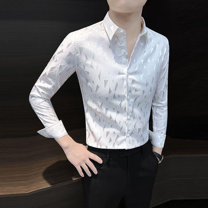 Men's Slim Fit White Long Sleeve Shirt Geometric Pattern Formal Dress Blouse