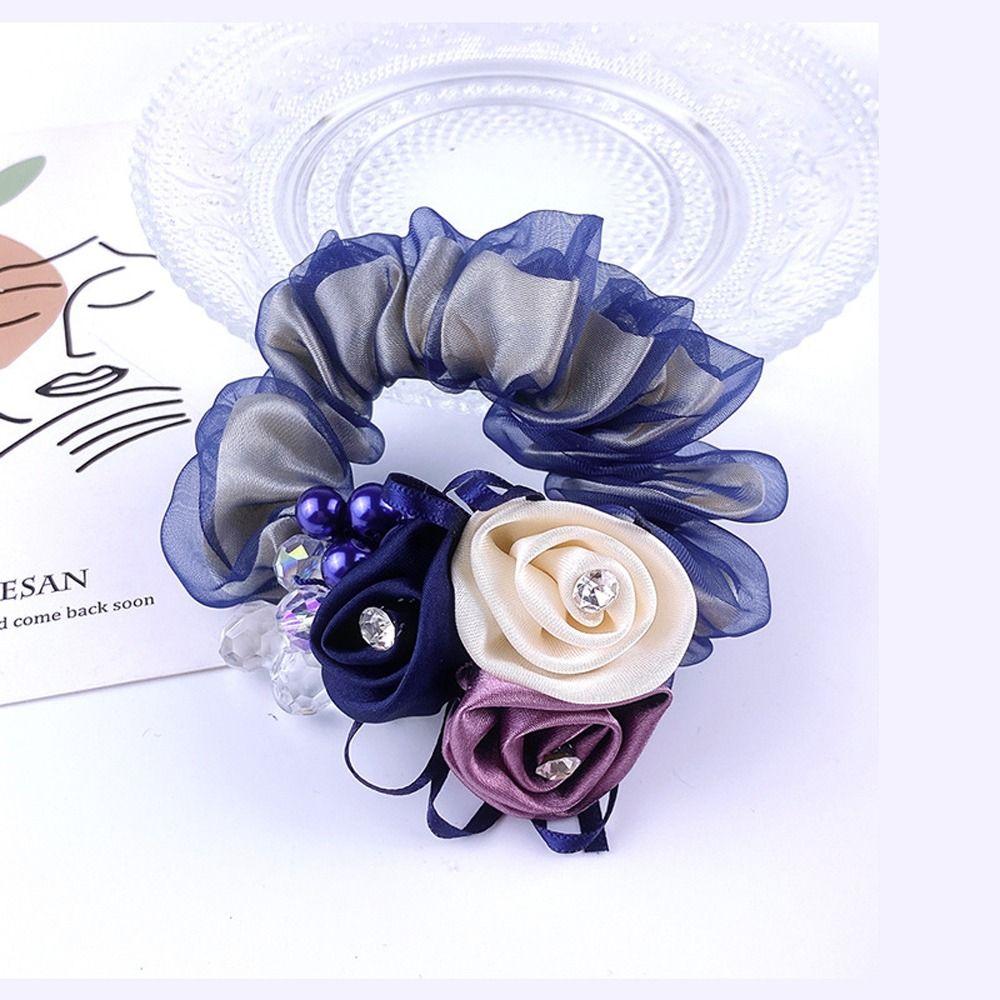 Headwear Beaded Hair Bands Flower Mesh Scrunchies Women Hair Ties Hair Rubber Bands Double Layer