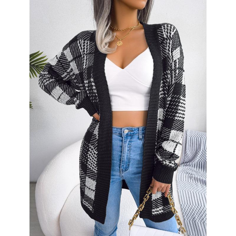 Dámský podzimní a zimní kostkovaný krajkový ležérní kardigan s lucernovými rukávy