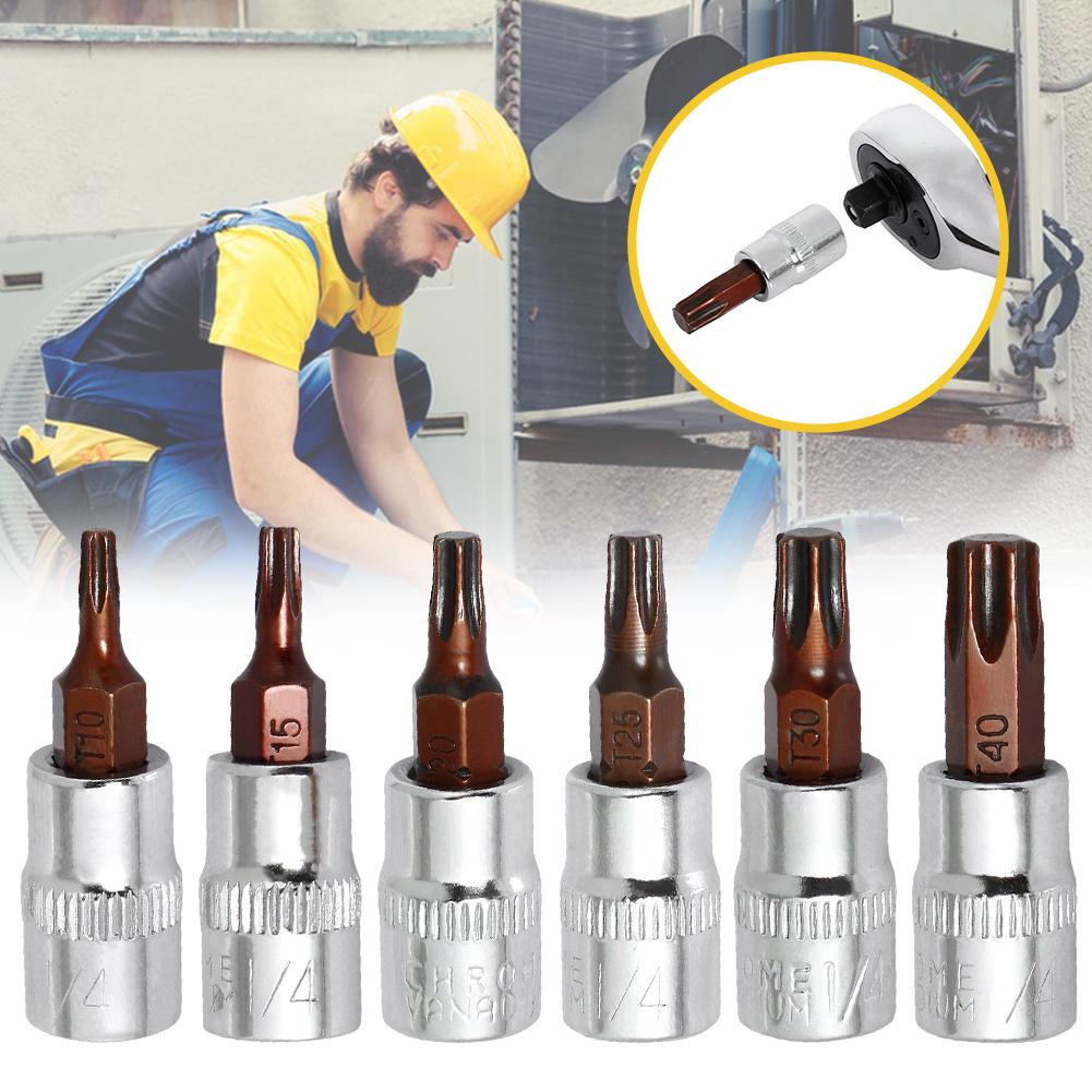 6Pcs Torx Screwdriver Bits 1/4 Inch Drive Socket Head Tools T10 T15 T20 T25 T30 T40 Socket Wrench Adapter Hand Tools Accessories