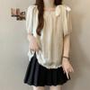 Summer Womens Fashion Solid Color Lace Short Sleeve Shirt with Tie Design Casual Top