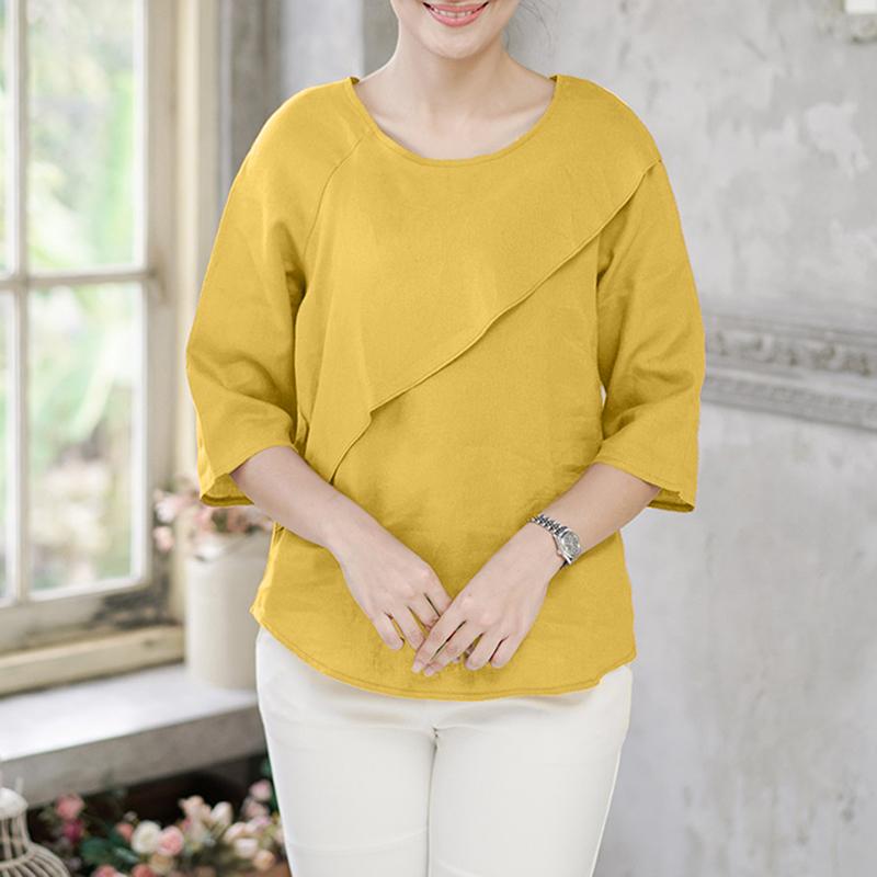 ZANZEA Bluză casual de vară pentru femei, cu gât rotund, culoare uni, mâneci 3/4