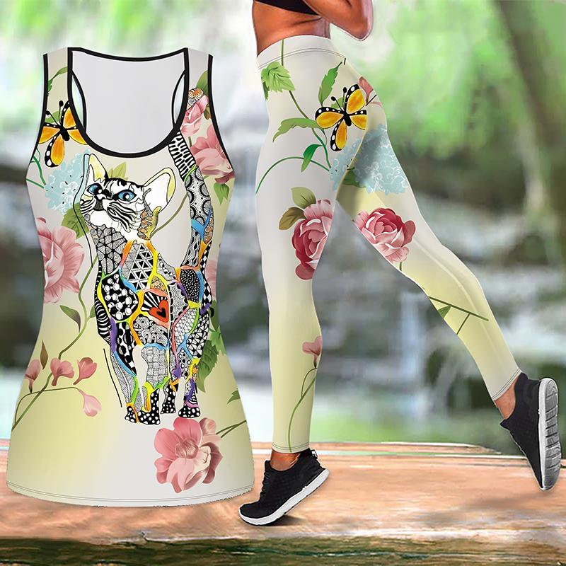 Black Cat Print Yoga Outfit for Women Fashion Workout Leggings Fitness Sports Casual Yoga Pants