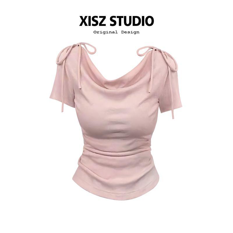 

Elegant Gentle Wind Swing Collar Bow Lace-up Short sleeve T-shirt Summer Sweet Age-Reducing Fashion Slimming Shirt Top Pink S