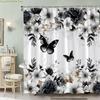 1pc Polyester Shower Curtain - Black & White Floral & Butterfly Design with Roses, Lilies, Daisies | Machine Washable | Elegan