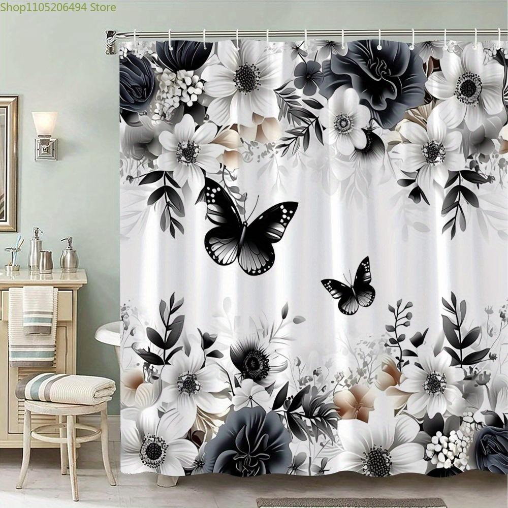 1pc Polyester Shower Curtain - Black & White Floral & Butterfly Design with Roses, Lilies, Daisies | Machine Washable | Elegan