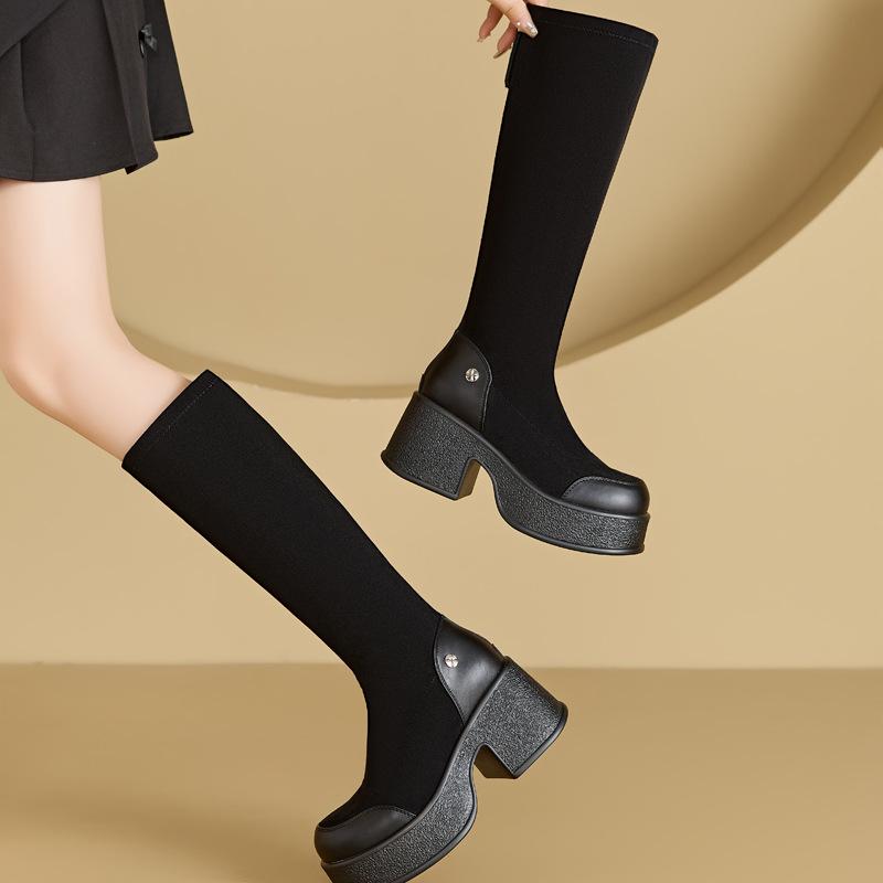 8573-85712025 Autumn New Retro Small Thick-soled Elastic Boots Skinny Boots Suede Martin Boots Women