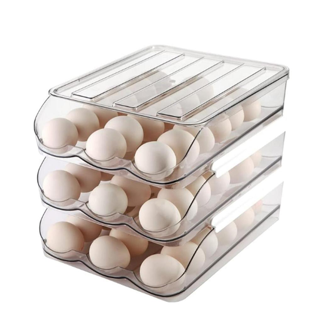 Egg Holder for Fridge,Automatically Rolling Egg Storage Container for Refrigerator Large Capacity Egg Organizer for Fridge with Lid Clear Plastic