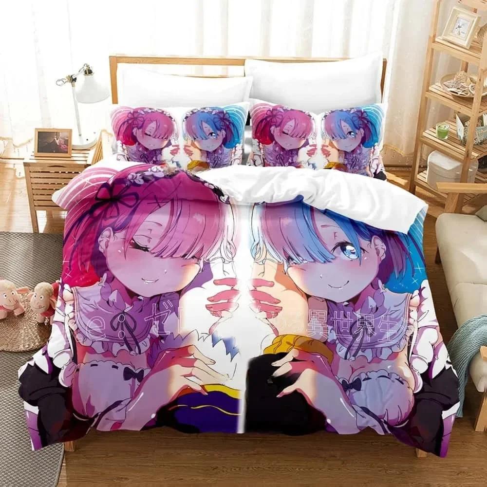 Anime ReZERO -Starting Life in Another World Bedding Set Printed Bed Set With Pillowcase Duvet Cover Soft Queen Super King Size
