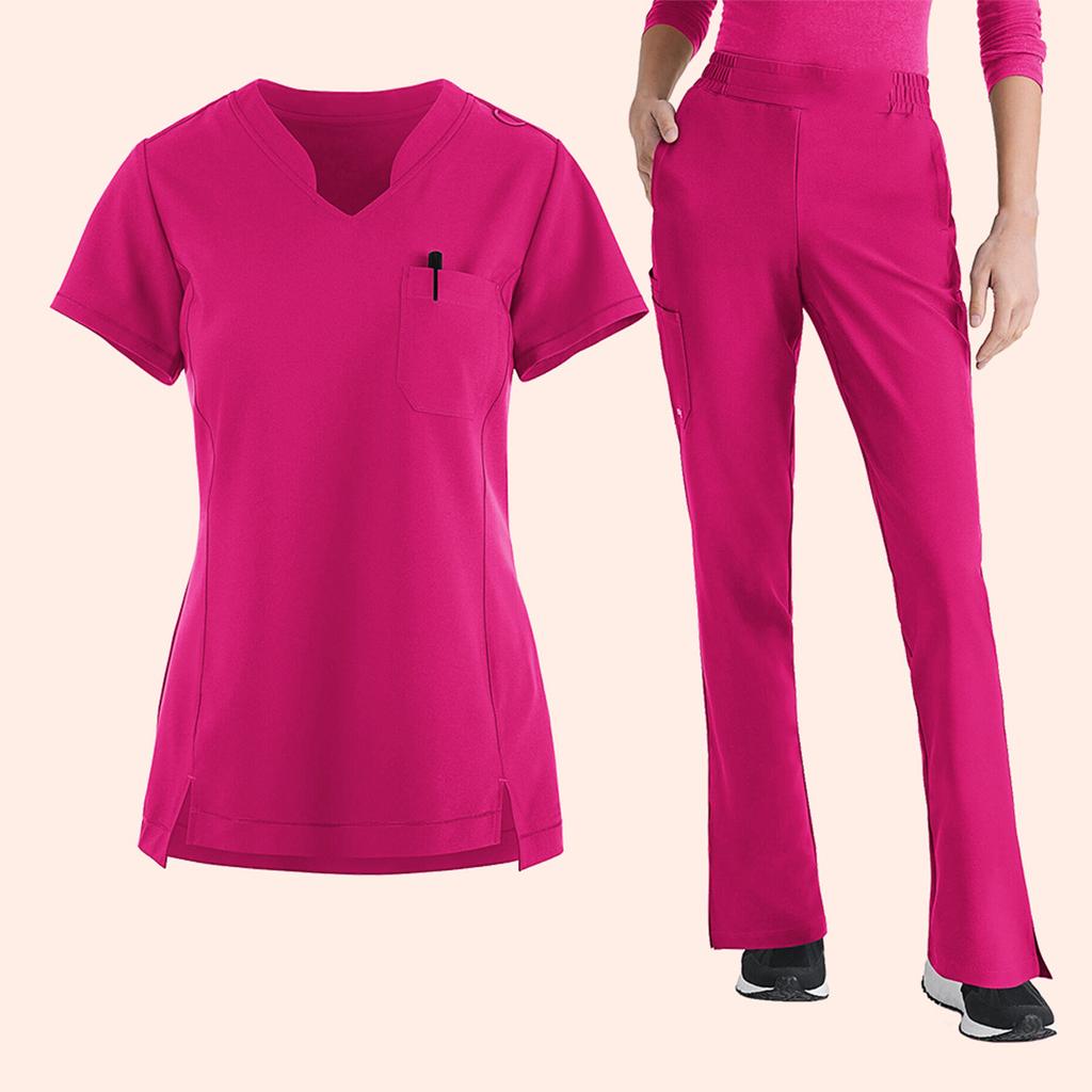 Women's Loose And Comfortable V-neck Short Sleeved Workwear With Tie Up Top And Waist Cinching Beauty Suit Set
