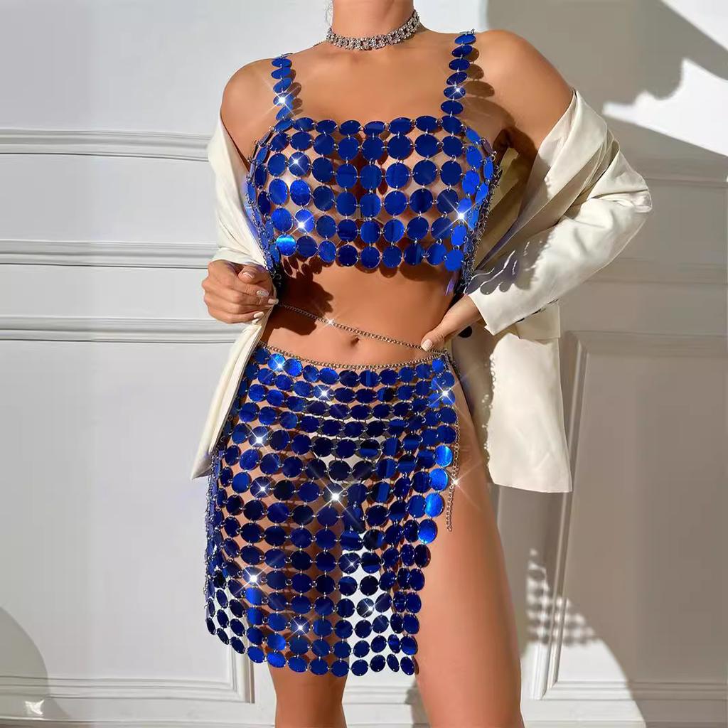 Fashion 2025 pure hand-spliced beads nightclub flash sexy backless chain women's set