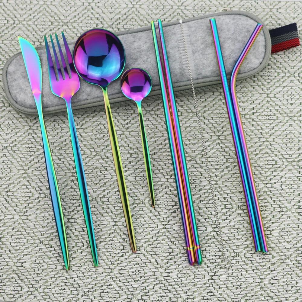 9pcs/Set Travel Cutlery Set Portable Gold Dinnerware Set Stainless Steel Tableware Set With Metal Straw Brush Chopsticks Bag