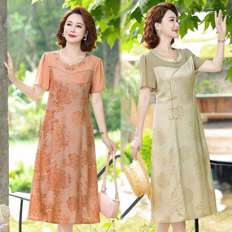 2026 Chinese National Style Chiffon Dress: Elegant Floral Print Summer Dress for Middle-aged Women