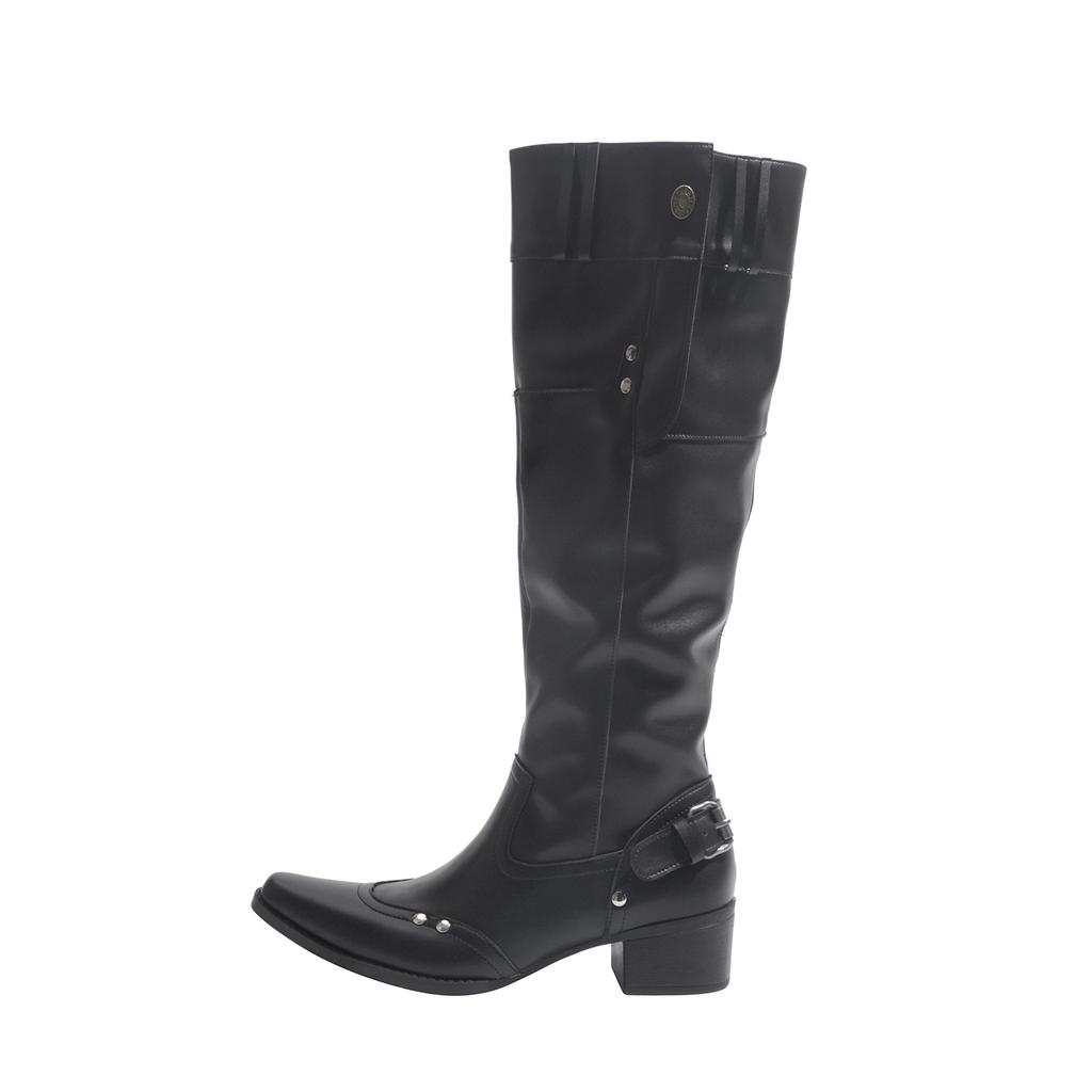 Big tube around boots women spring and summer leather babes but knee boots pointed thick heel black pile boots women
