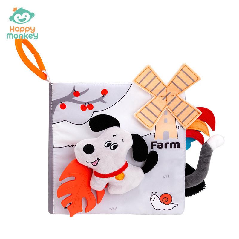 Счастливая обезьянка Мягкая прочная тканевая книжка для младенцев с хвостами животных и сенсорными элементами Dog