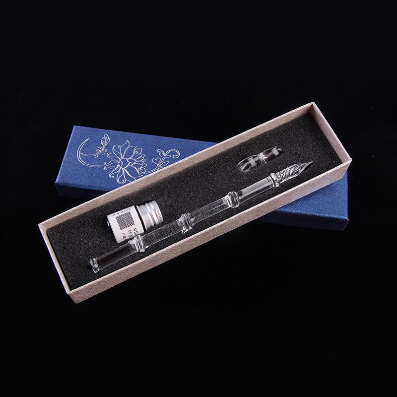 Bamboo Glass Dip Pen with Artistic Colored Ink Calligraphy Crystal Signature Pen for Drawing Writing Office School Supplies