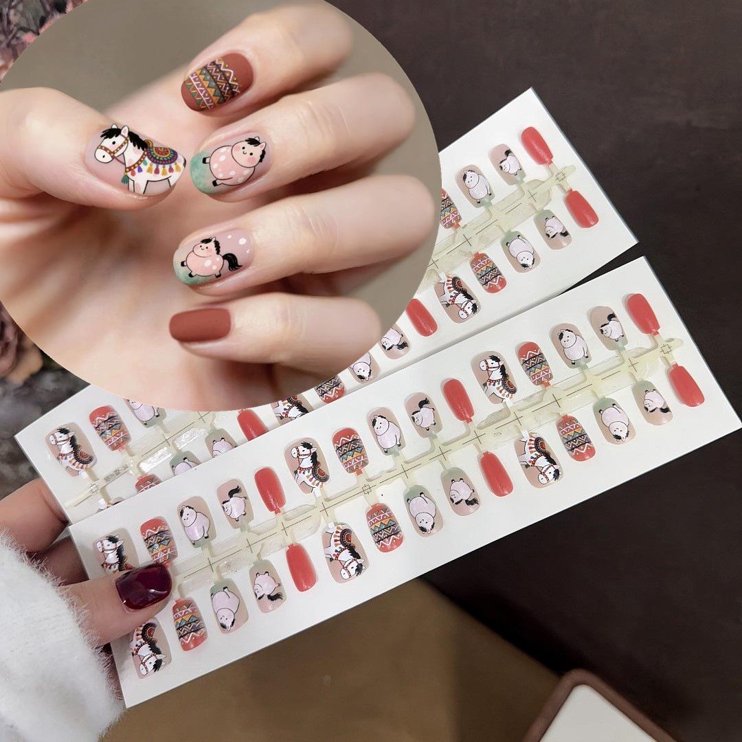 Year of the Horse Polka Dot Cat Eye Nails - 30-Piece Set with Wealth Waking Lion Design
