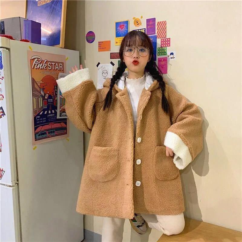 

Осенне-зимняя куртка с капюшоном из меха ягненка, студентки, повседневный универсальный утолщенный флисовый кардиган, милая плюшевая куртка с кроличьими ушками S хаки