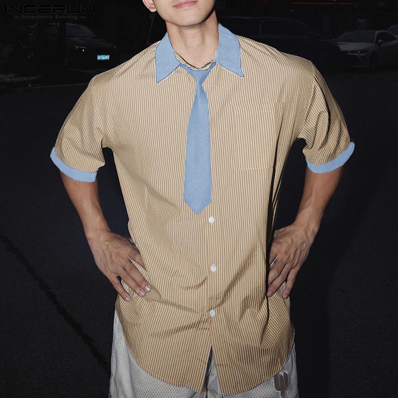 INCERUN Oversized Men Tie Up Lapel Neck Short Sleeve Striped Casual Loose Shirts