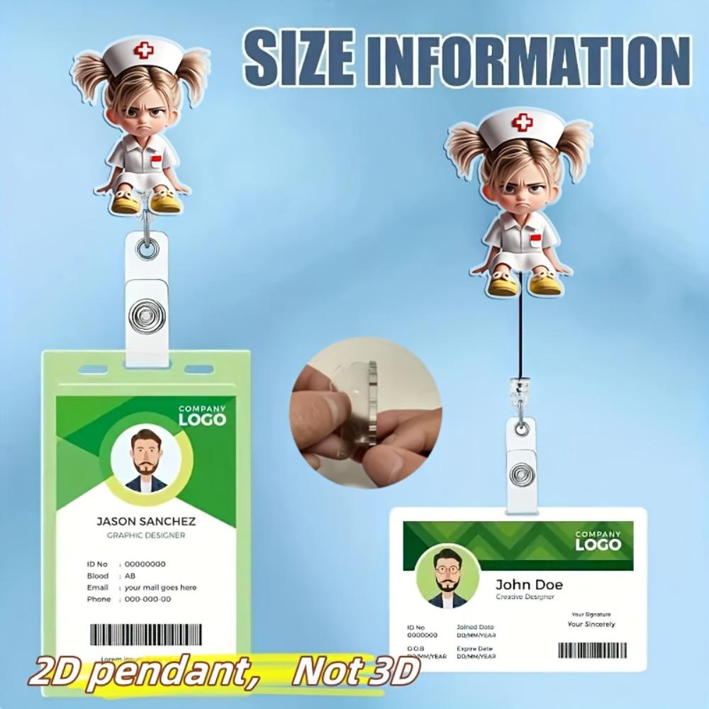 2D Flat Acrylic Cartoon Nurse & Doctor Card Holder, Retractable Badge Reel, Hospital ID Badge & Chest Pin for Doctors & Nurses