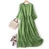 Robe d'été ample en chanvre à cinq manches et col en V pour femme, mi-longue