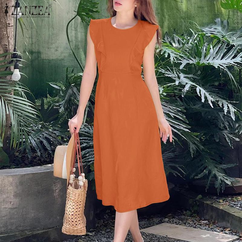 ZANZEA Women Casual Round Neck Ruffles Splice Sleeveless Dress