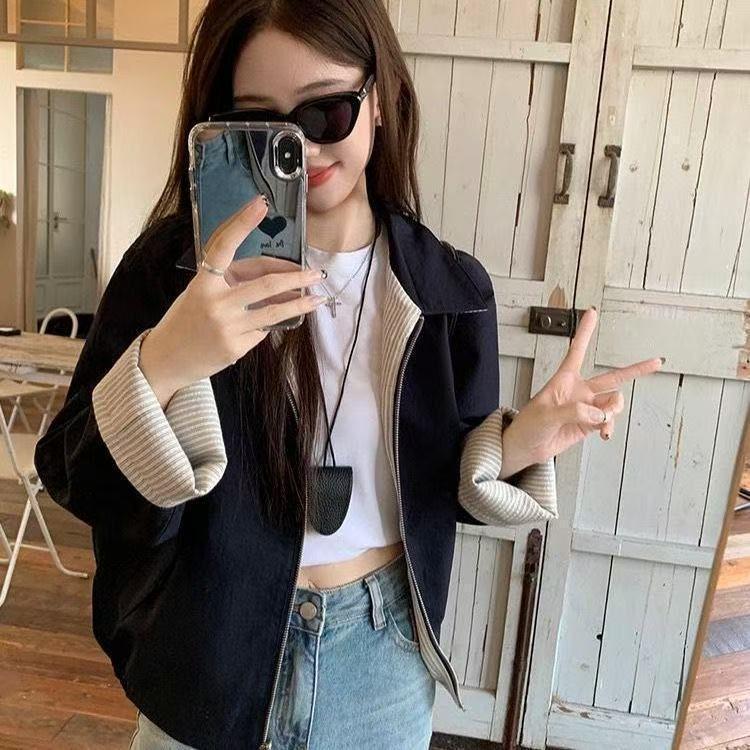 Unisex Reversible Striped Lapel Oversized Jacket for Spring & Autumn