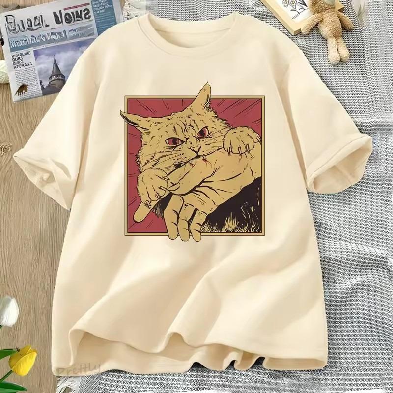 Vintage Cat Bite Cotton T Shirt Japanese Horror Retro Graphic Tee Horror Cats Crazy T Shirts Men Women Fashion Short Sleeve Tees