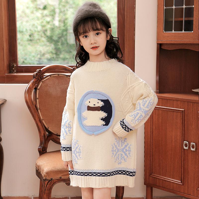 

Girls White Cartoon Sweater, Medium-Length Knitwear for Big Kids, New Year Autumn Winter Collection 120 cm