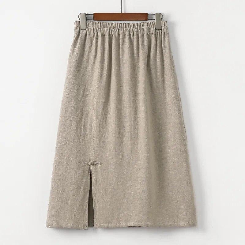 

Johnature женские винтажные юбки трапециевидной формы с эластичной резинкой на талии, весенние однотонные женские юбки на пуговицах в китайском стиле XXL бежевый