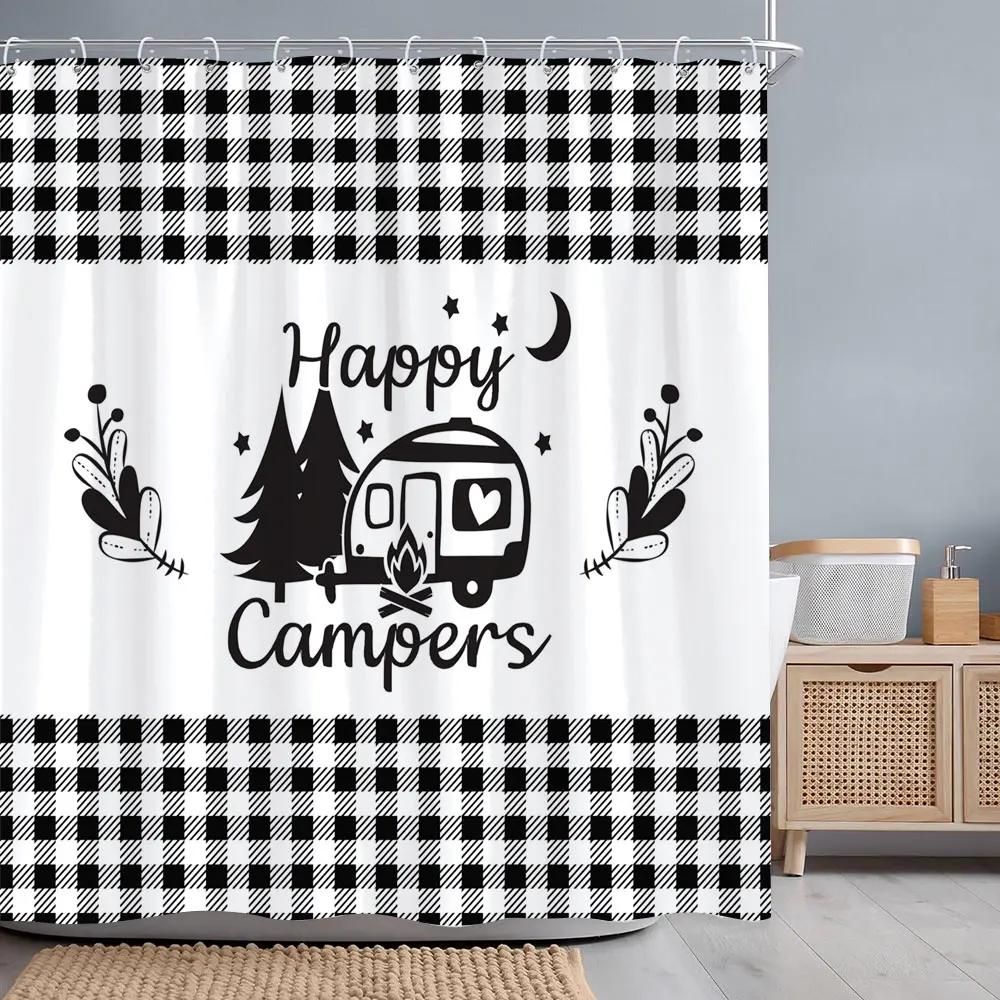 Camping Caravan Forest Shower Curtain Pleasant Camper Tent Campfire Polyester Printed Shower Curtains Bathroom Decor with Hooks