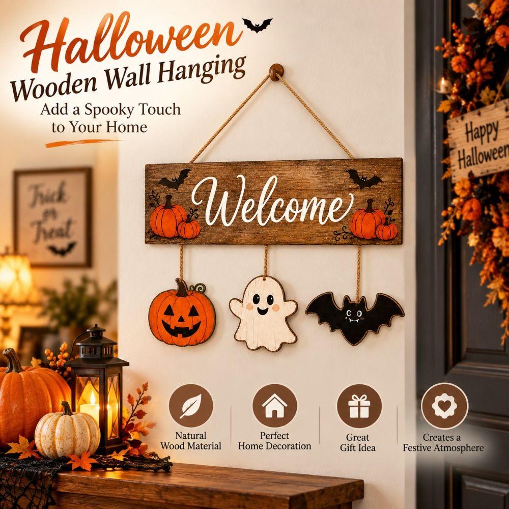 2D Flat Pumpkin Ghost Bat Wood Plaque Wear-Resistant Rustic Welcome Board Pendant Home Outdoor Use