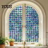 Easy Install Window Sticker Stained Glass Film, Retro Geometric Plaid Static Cling Privacy Decal, Double Non-Adhesive Film for Bedroom Sided