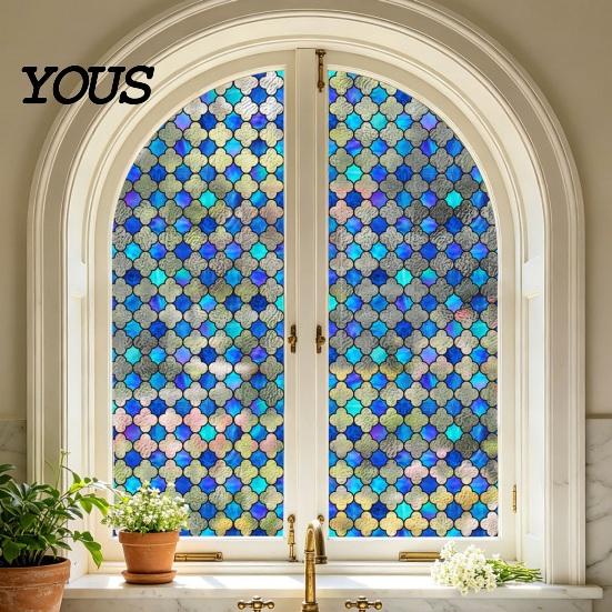 Easy Install Window Sticker Stained Glass Film, Retro Geometric Plaid Static Cling Privacy Decal, Double Non-Adhesive Film for Bedroom Sided