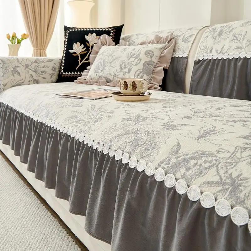 Frische Chenille-Sofaauflage Ganzjahres-Rutschfest Langlebige Sofabezug Einteiliger Typ Gerade Reihe Sofakissen Mit Schürzenrand 65x70cm 1pcs