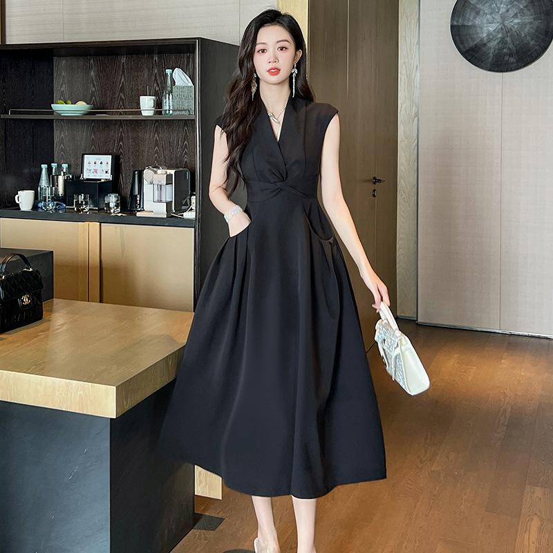 

GMXIA Летнее женское элегантное платье с v-образным вырезом и закрученной талией в стиле Хепберн, длинное карманное платье XL чёрный