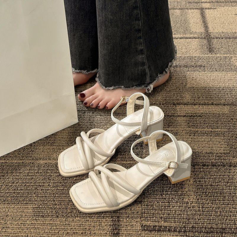 One-word High Heels, Spring and Summer New French Temperament Thick Heel Square Head White Fairy Sandals Female Middle Heel