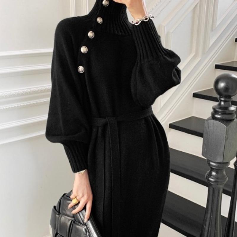 Autumn and winter clothing retro sweater skirt women's loose and thin high neck over the knee two wear lace-up waist knitted dress