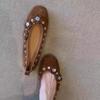 Women's Suede Flats Spring New Square Toe Shallow Mouth Rivet Flower Soft Sole Anti-slip Wear-resistant Single Shoes